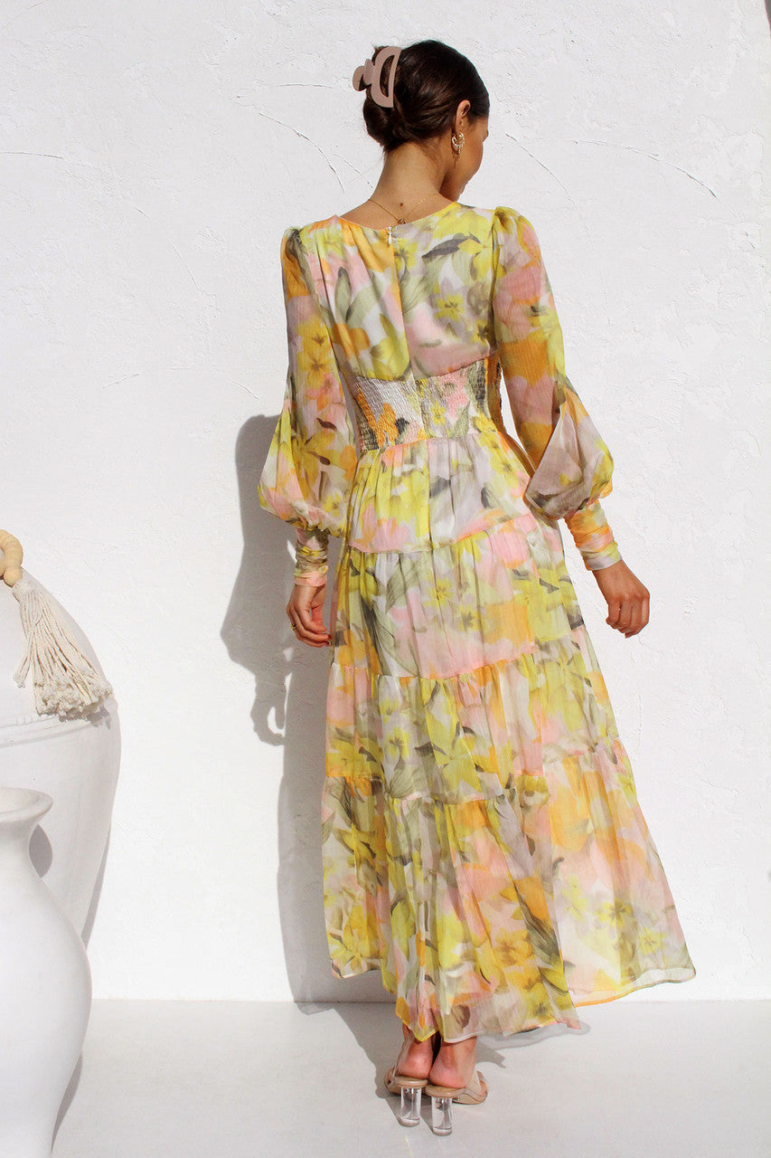 Autumn And Winter Casual Print Long Sleeves V-Neck Large Swing Dress Long Dress
