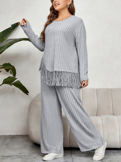 Casual Loose Long Sleeve Tassel Top And Wide Leg Pants Set