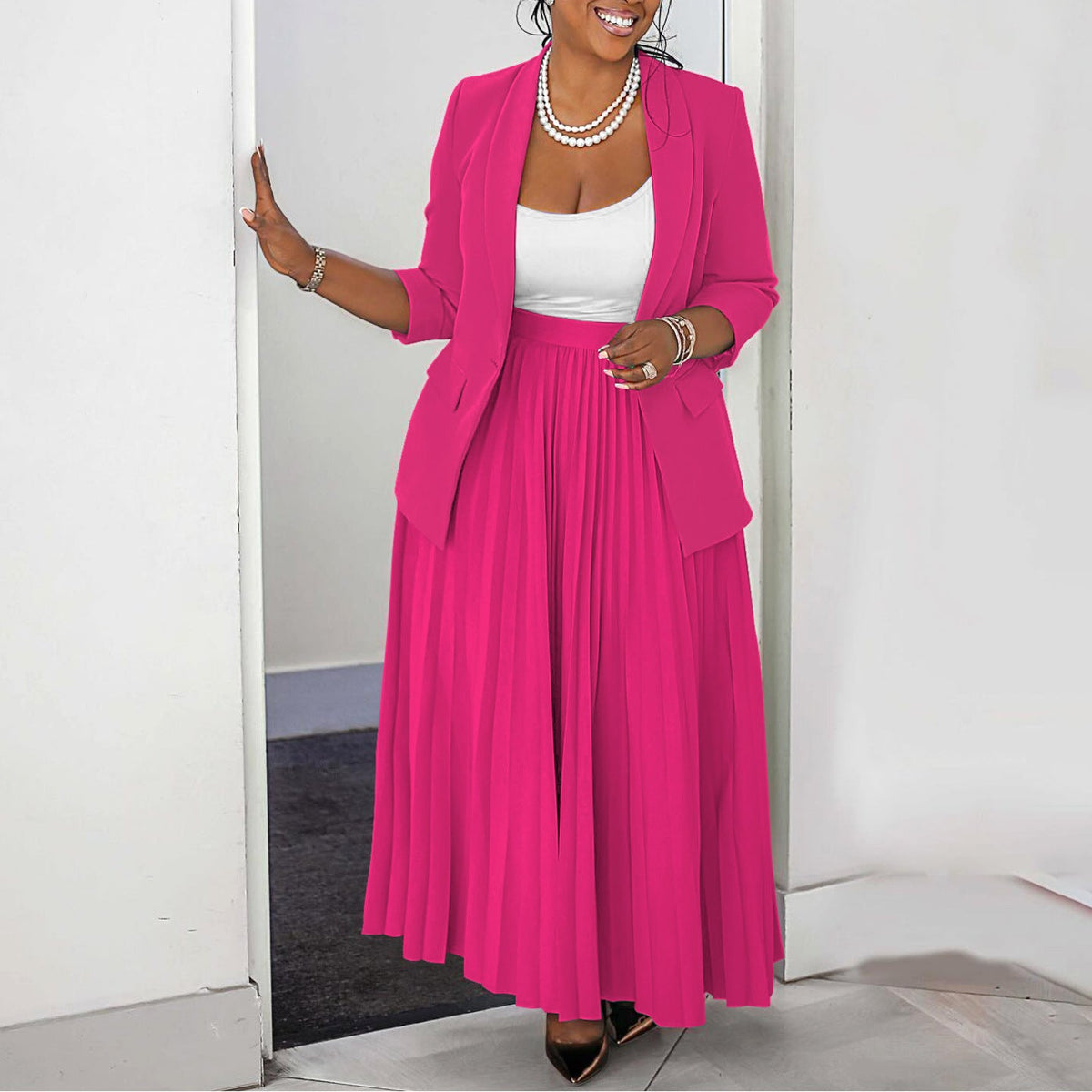 Elegant Women'S Blazer And Pleated Skirt Set