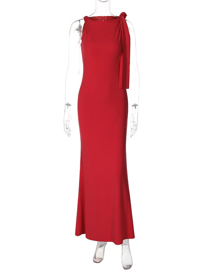 Fashionable Solid Color One-Shoulder Dress with Shoulder Tie