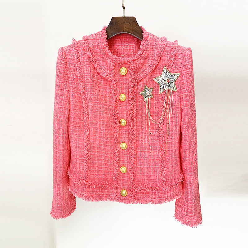Fashionable Beaded Brooch Jacket with Fringe Wool Blend