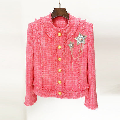Fashionable Beaded Brooch Jacket with Fringe Wool Blend