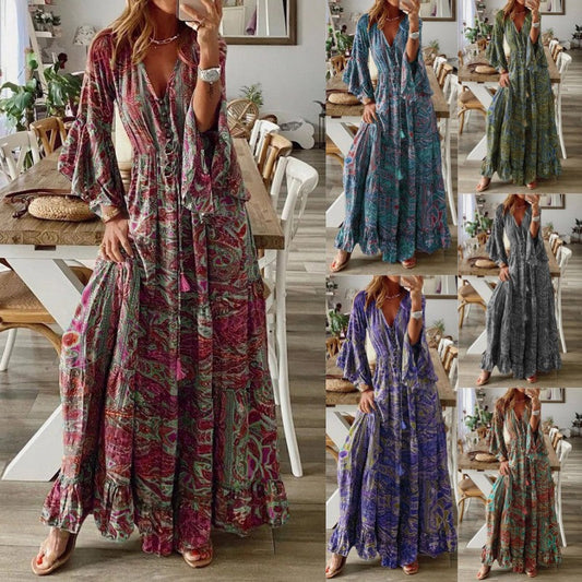 Bohemian Style Bell Sleeve Print V-Neck High-Waisted Resort Dress Floral Women'S Dress
