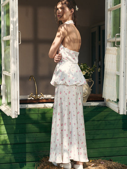 Floral Print Satin Vest Dress Set