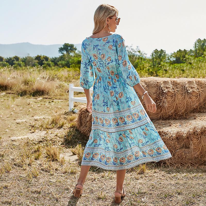 Women'S V-Neck High-Waisted Bohemian Dress Women'S Mid-Length A-Line Dress