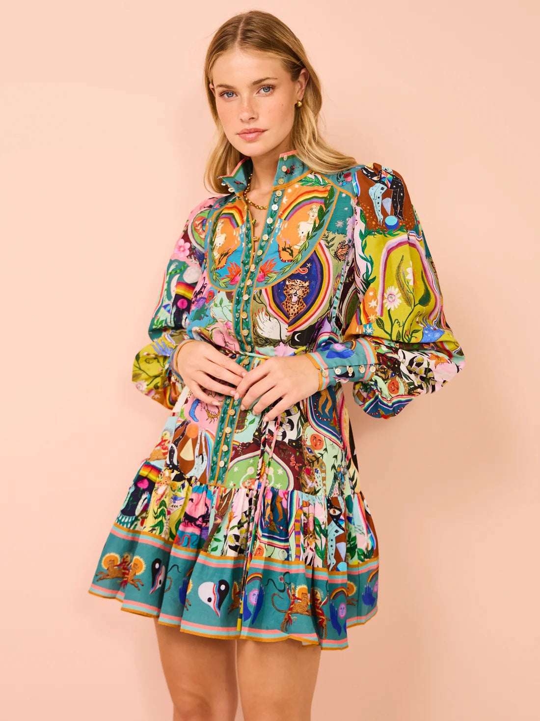 Fashionable Printed Linen Cardigan Dress with A-Line Silhouette