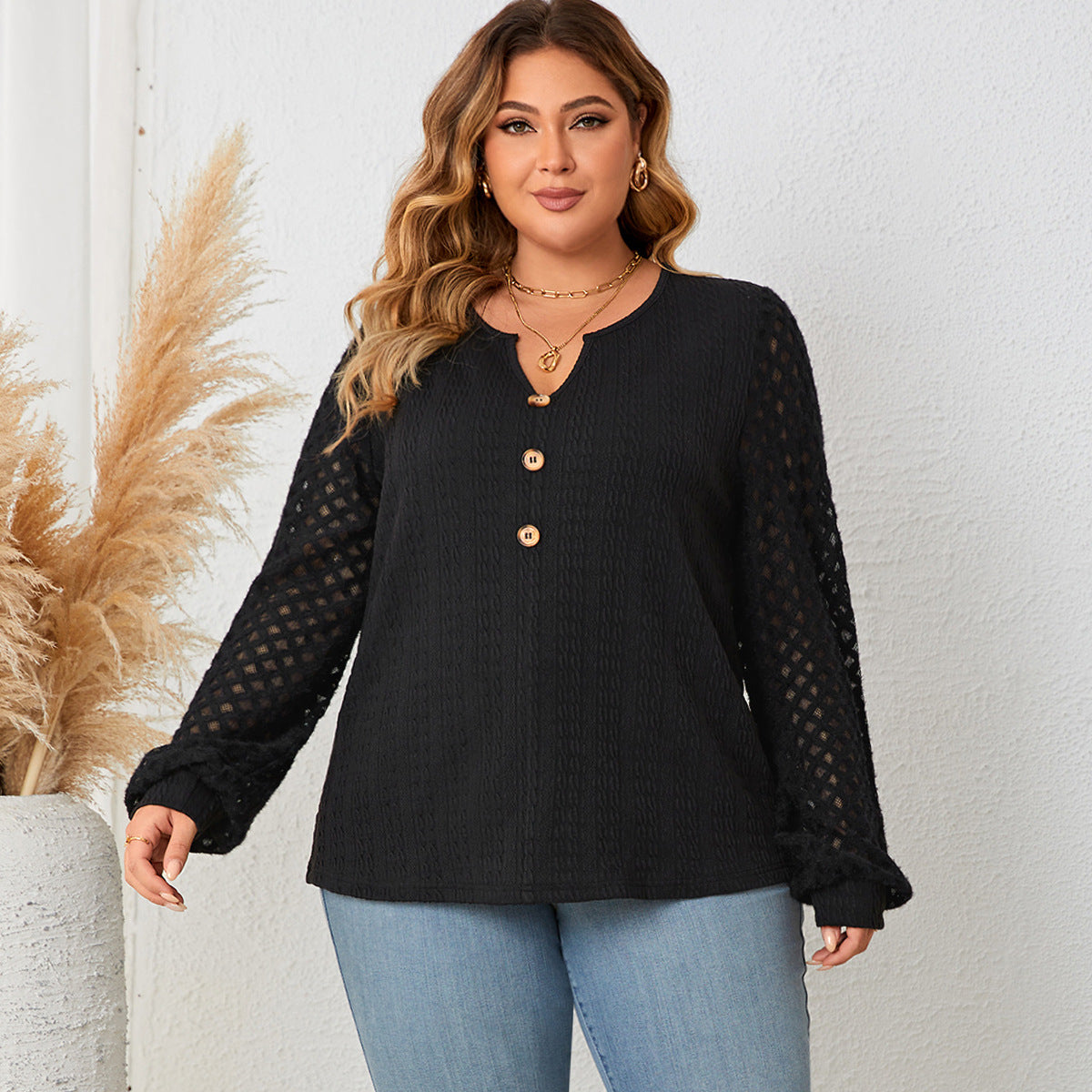 Plus Size Lace-Trim Knit Sweater With Buttons