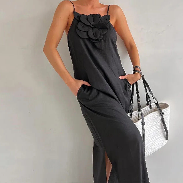 3D Floral Strapless Linen Maxi Dress for Trendy Street Style
