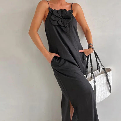 3D Floral Strapless Linen Maxi Dress for Trendy Street Style