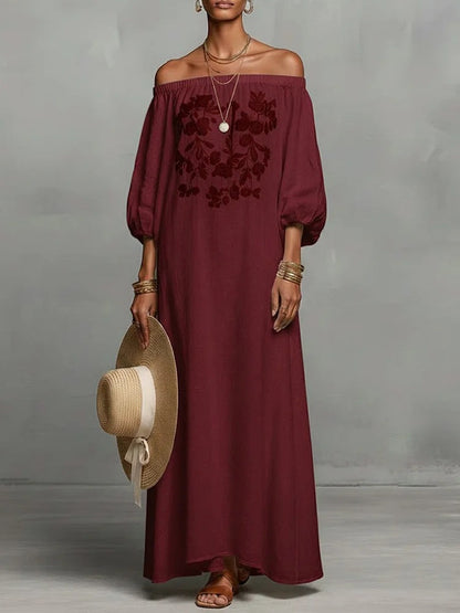 Linen Off Shoulder Floral Embroidery Balloon Sleeve Maxi Dress