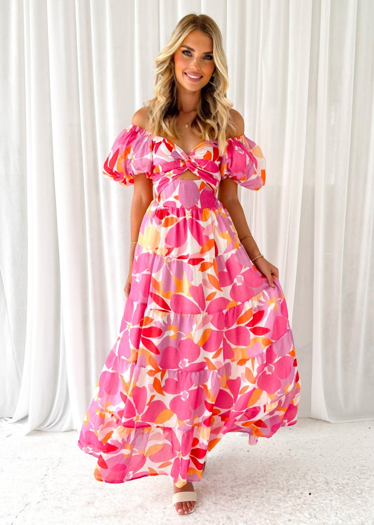 Floral Backless Puffy Sleeves Long Dress