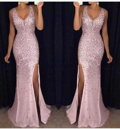 Gold Foil V Neck Maxi Dress With A-Line Skirt