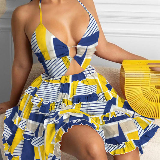 Summer Cutout Strappy V-Neck Waist Halter Print Suspender Dress