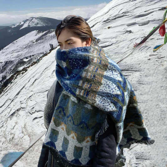 Blue Scarf Women'S Winter Thick Dual-Purpose Shawl Ethnic Style Oversized Blanket Type