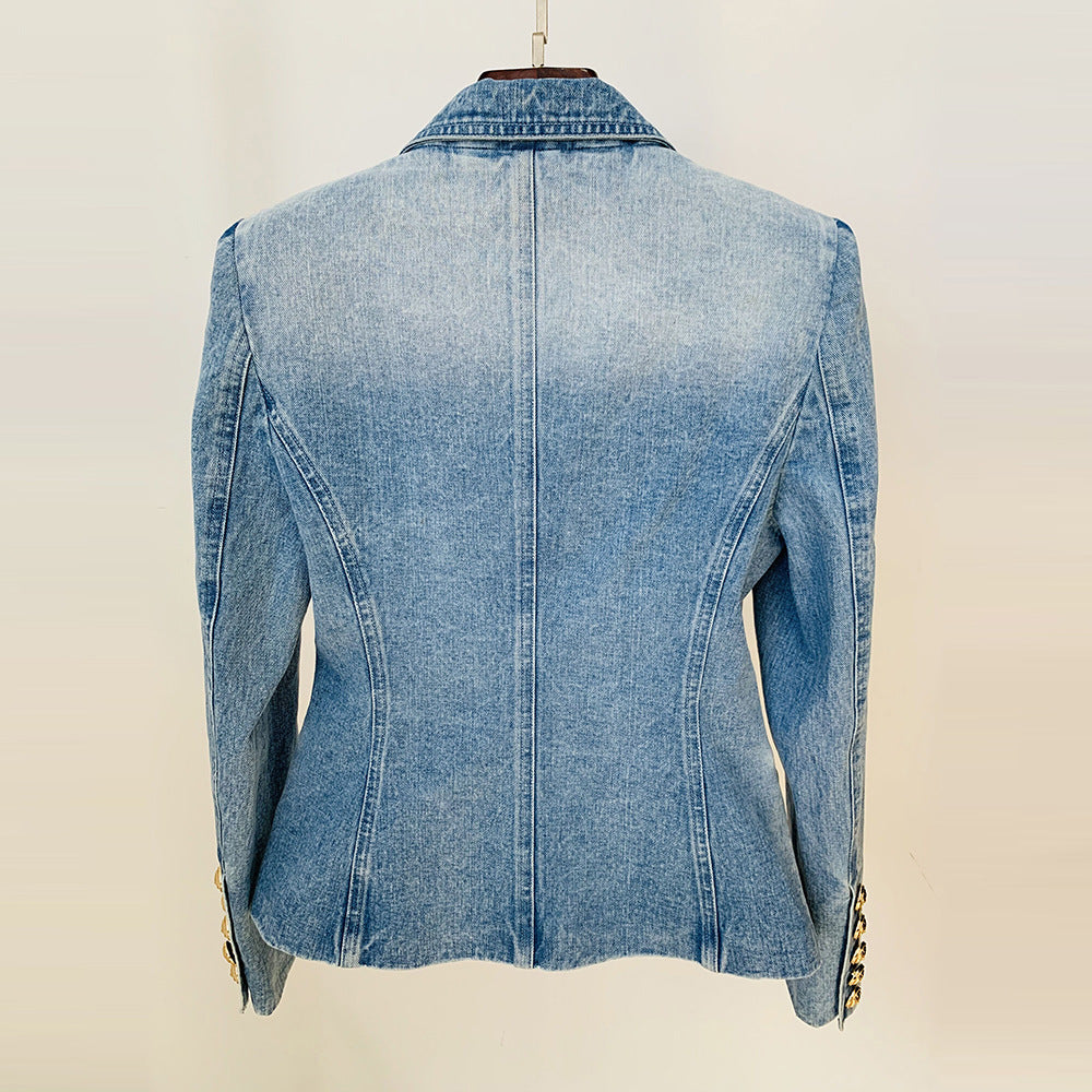 Trendy Double-Breasted Denim Blazer With Lion Button