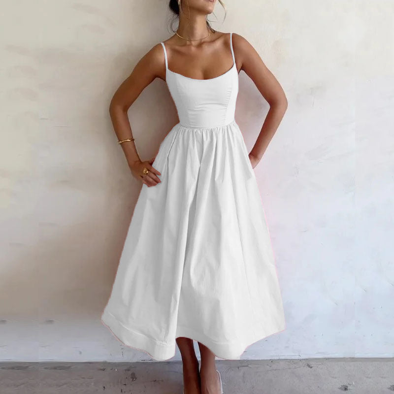 New Women's Casual A-Line Dress Solid Color Pleated Maxi Dress