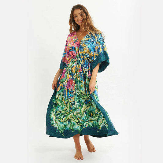 Positioning Print Beach Blouse Gown Style Resort Sunscreen Shirt Sexy Bikini Blouse