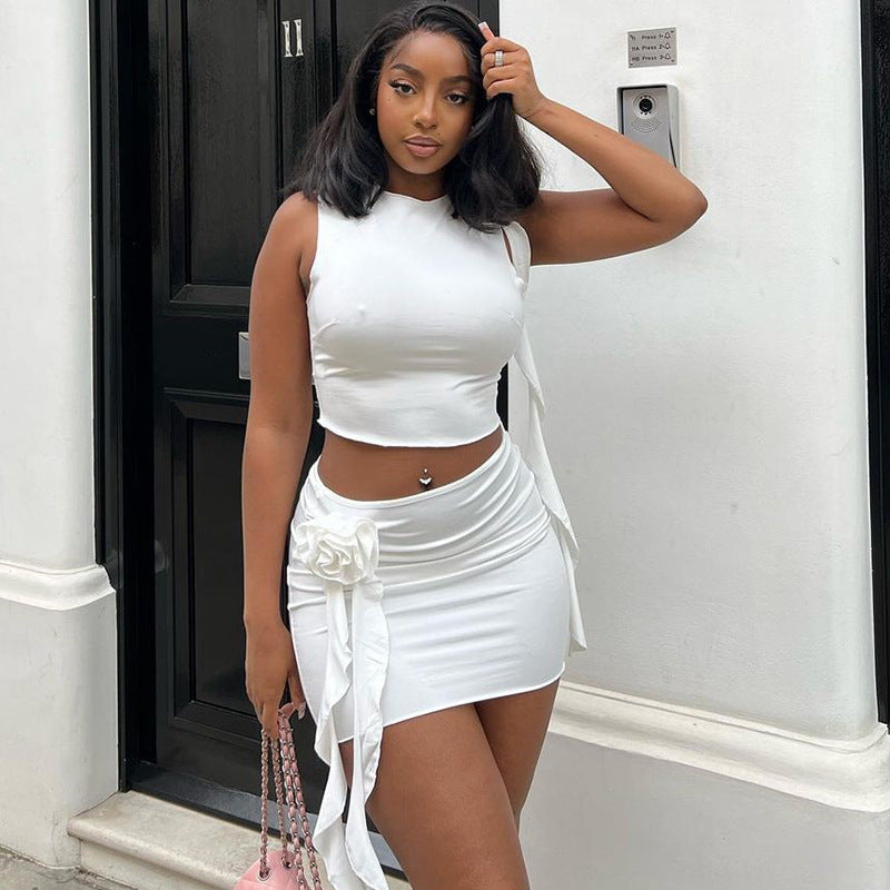 Trendy Solid Color Crop Top And Skirt Set