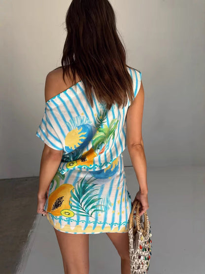 Linen Off-Shoulder Bodycon Dress Set with Tie Detail