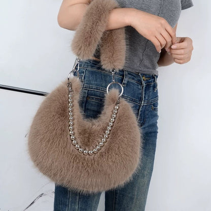 Elegant Furry Faux Fox Fur Shoulder Bag