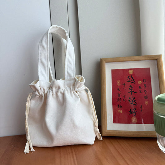 White Canvas Tote Bag Casual Chic Drawstring Shoulder Bag