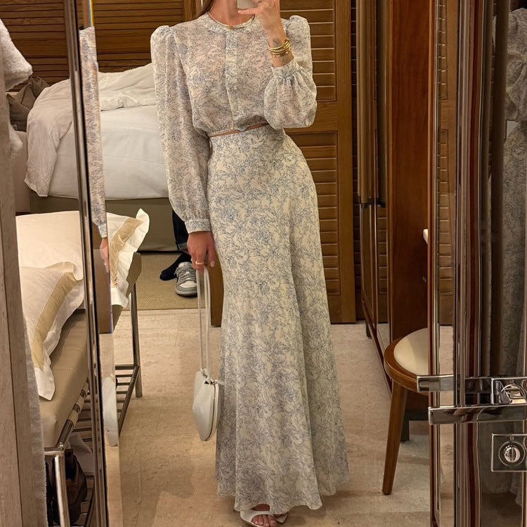 Floral Print High-Waisted Maxi Skirt and Long Sleeve Top Set