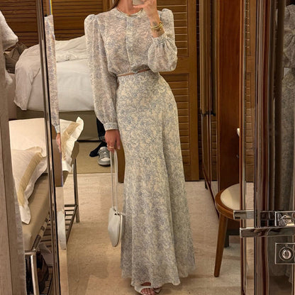 Floral Print High-Waisted Maxi Skirt and Long Sleeve Top Set