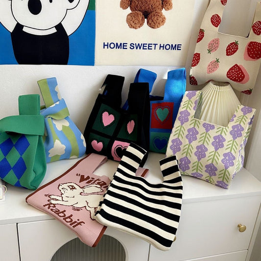 Knitted Tote Bag With Cute Designs Soft Polyester Casual