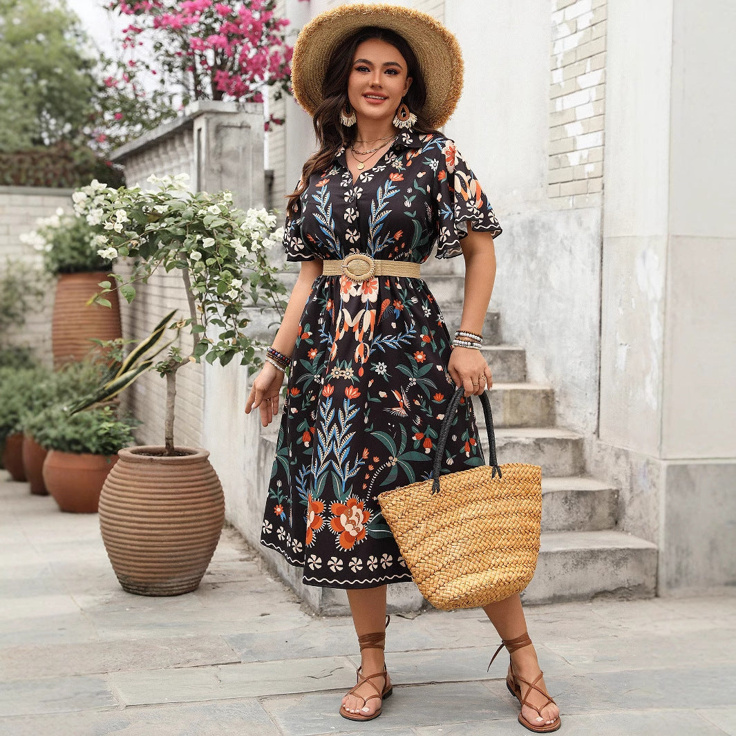 Bohemian Contrast V-Neck High Waist Maxi Dress