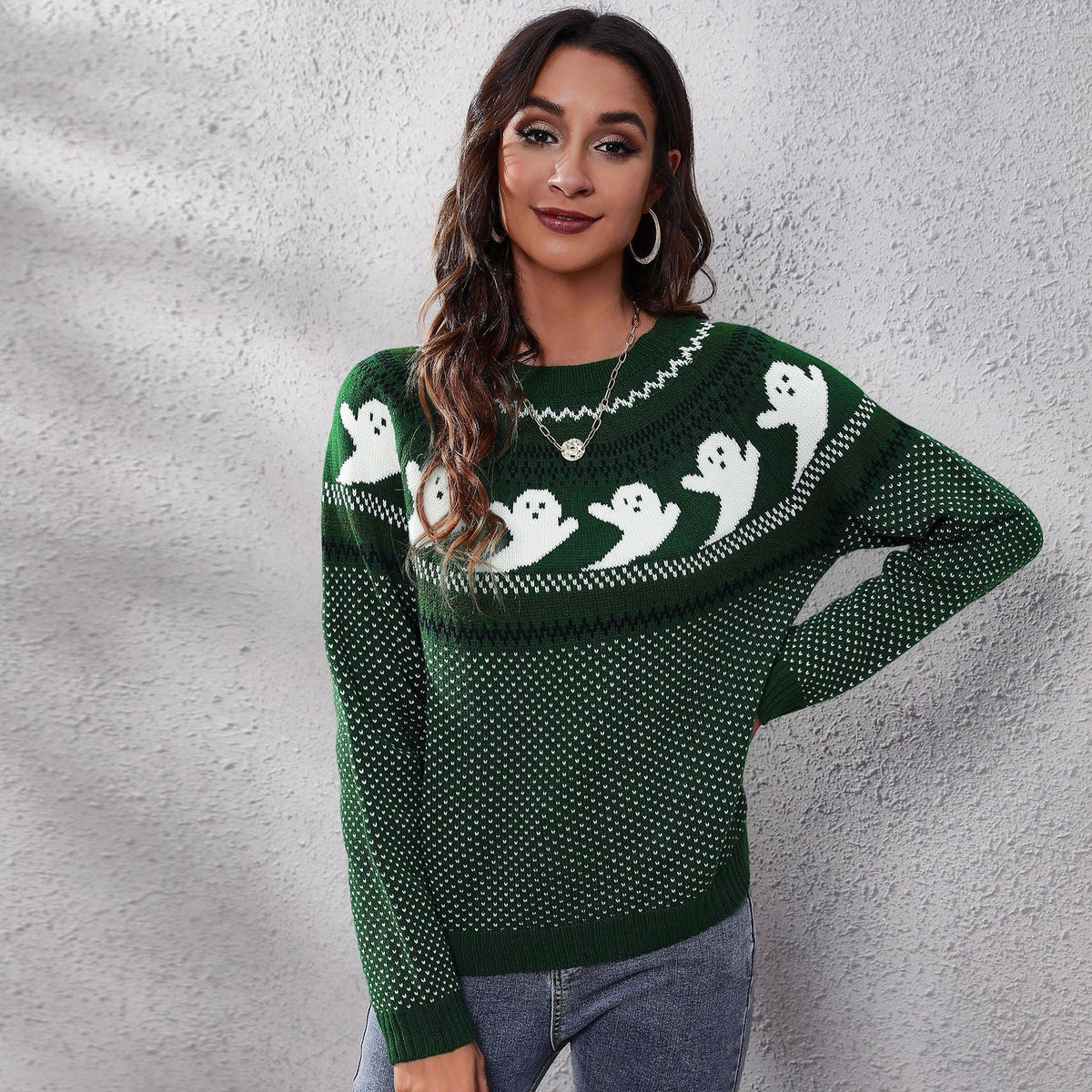 Halloween Ghost Vintage Polka Dot Long Sleeve Knitted Sweater Women'S Loose Wear