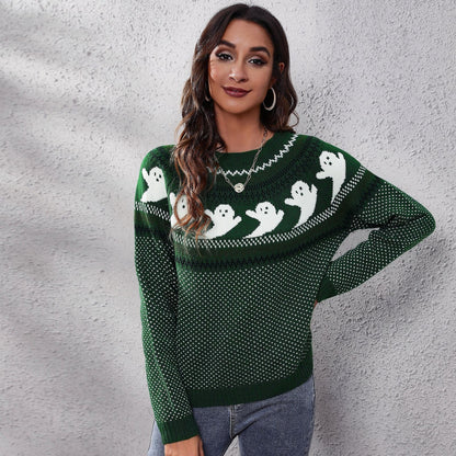 Halloween Ghost Vintage Polka Dot Long Sleeve Knitted Sweater Women'S Loose Wear