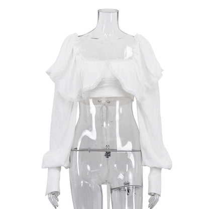 French Style Short Sleeve Lace Trimmed Blouse