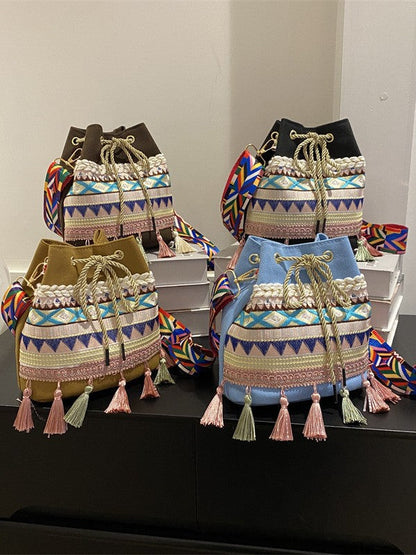 Trendy Ethnic Style Fringed Bucket Bag Casual Shoulder Bag