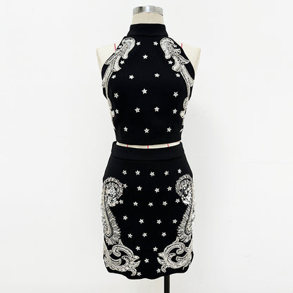 Fashionable Beaded Cami Top And Mini Skirt Set