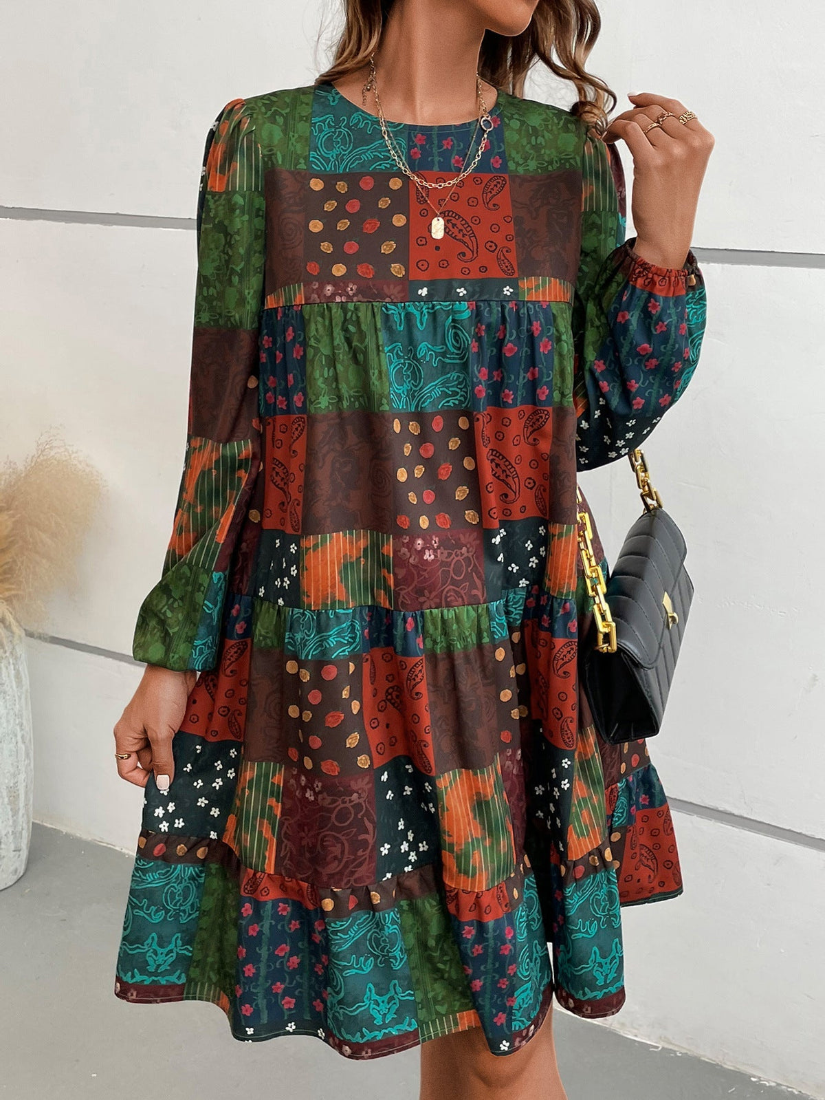 Women'S Round Neck Fashion Casual Long-Sleeved A-Print Dress