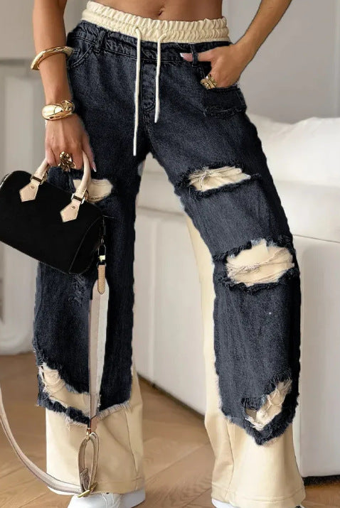 Ripped Drawstring Color Block Straight Leg Jeans