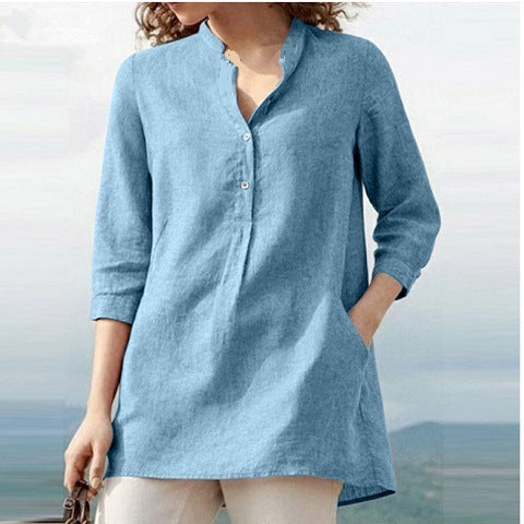 Women'S Wear Solid Color Seven Point Sleeve Stand Collar Cotton Hemp Casual Pullover Shirt