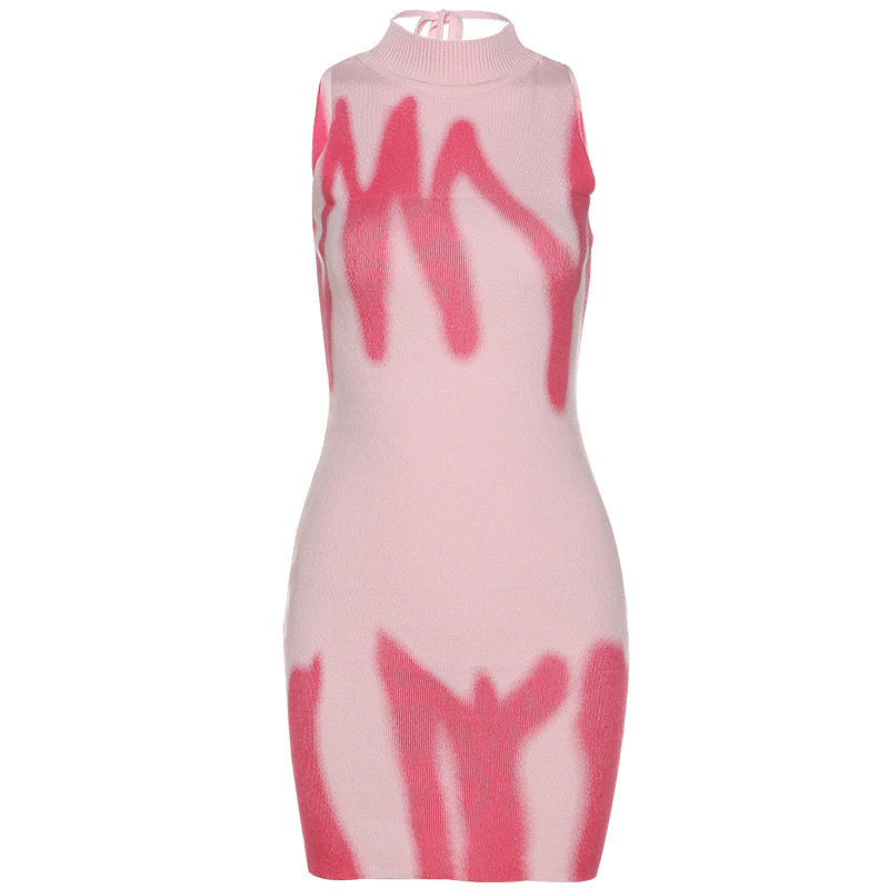Women'S Round Neck Wrap Hip Slim Fit Color Contrast Knit Bottomed Dress