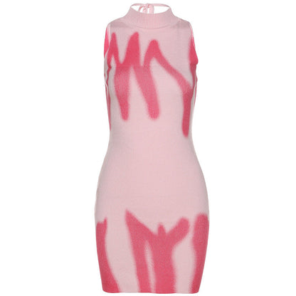 Women'S Round Neck Wrap Hip Slim Fit Color Contrast Knit Bottomed Dress