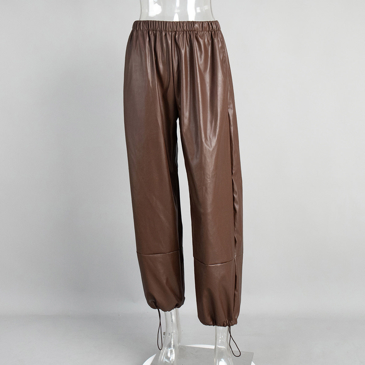 Wide Leg PU Leather Pants with Drawstring for Women