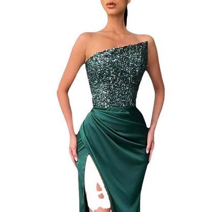 Green Sequin Evening Gown Sleeveless Elegant Maxi Dress