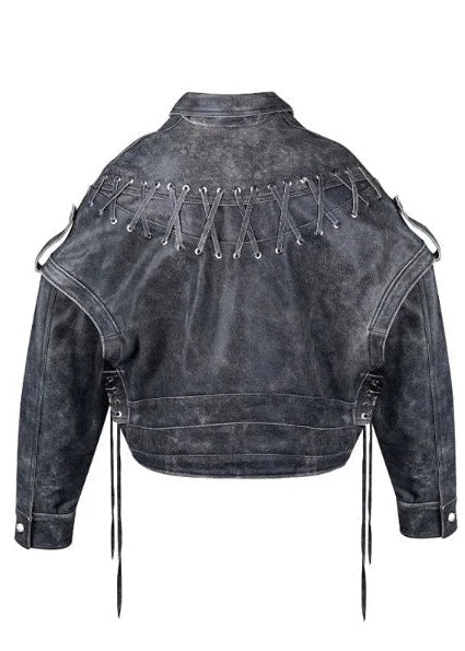 Distressed Faux Leather Lace Up Biker Jacket