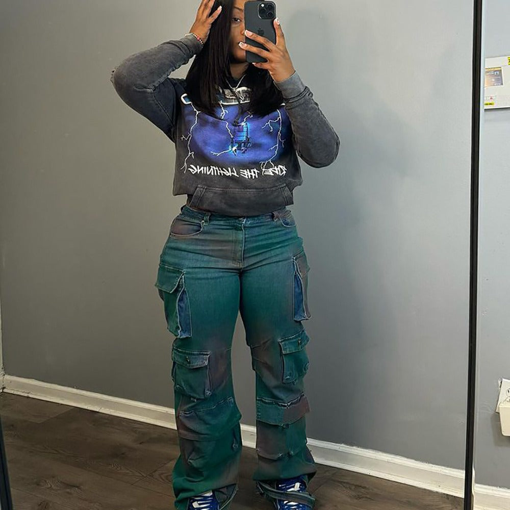 Trendy High-Waist Tie-Dye Denim Cargo Pants