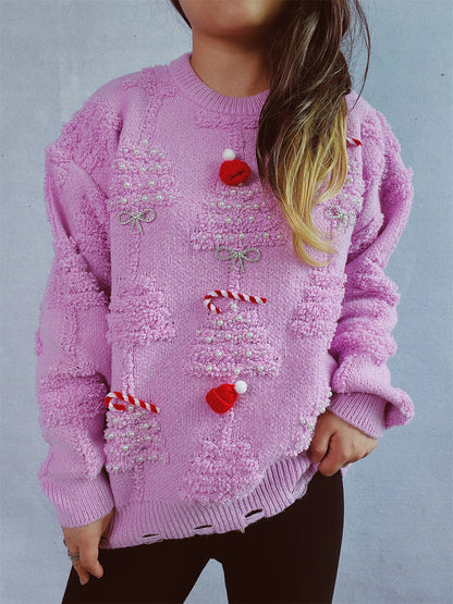 Solid Color Crew Neck Pearl Christmas Sweater