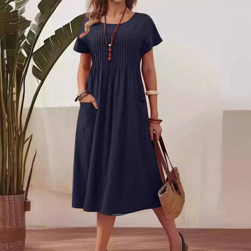 Women'S Clothing Long Dress New Solid Color Round Neck Pocket Pleated Short Sleeve Cotton And Linen Dress