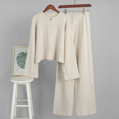 Casual Knitted Long Sleeve Top And Wide Leg Pants Set