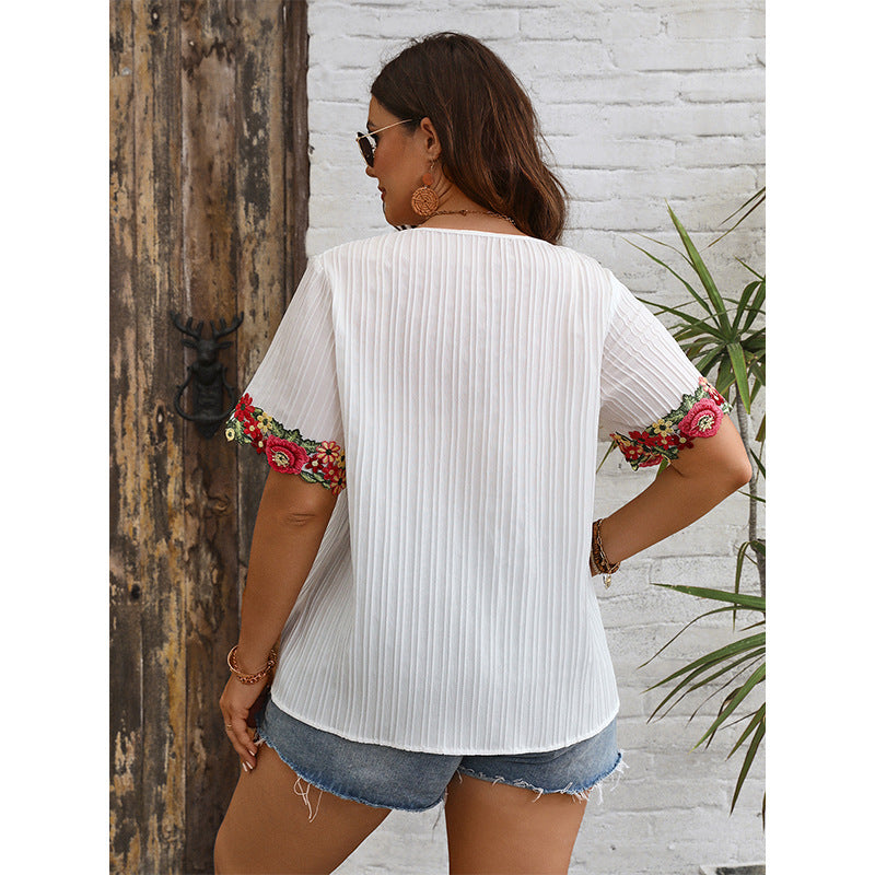 V-Neck Loose-Fit Short Sleeve Top With Embroidery