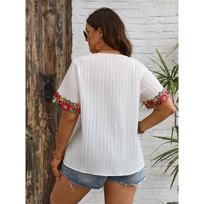 V-Neck Loose-Fit Short Sleeve Top With Embroidery