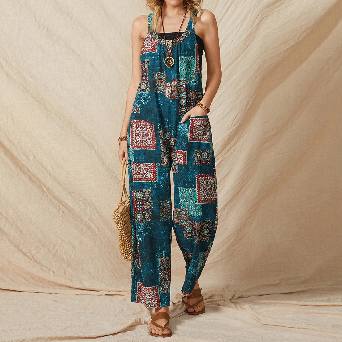 Women'S Loose Print Suspenders Vintage Casual Cotton Linen Jumpsuit