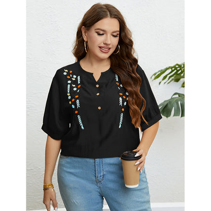 Casual V-Neck Embroidered Top in Almond Color